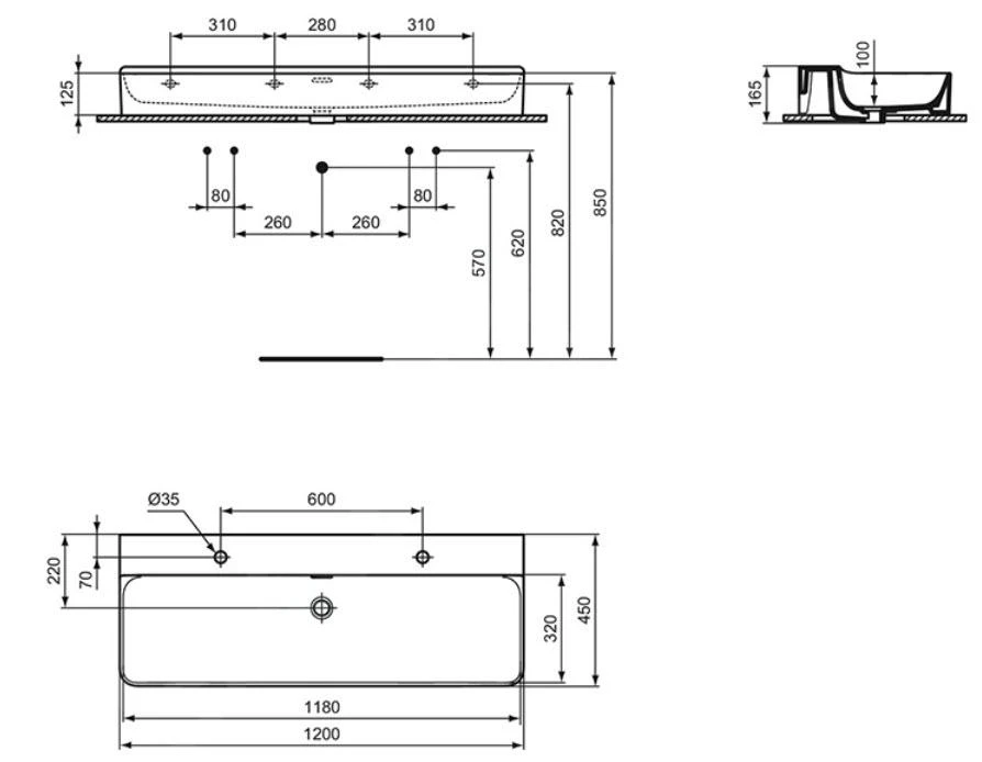 Ideal Standard Conca Ceram - Dubbele Wastafel Opbouw 1200x450 Mm, Met Overloop, Met Kraangat, Wit T383901 - Afbeelding 2