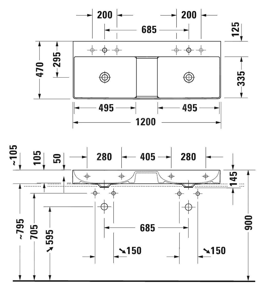Duravit DuraSquare - Dubbele Meubelwastafel 1200x470 Mm, Zonder Overloop, Zonder Kraangat, DuraCeram, Wit 2353120079 - Afbeelding 2