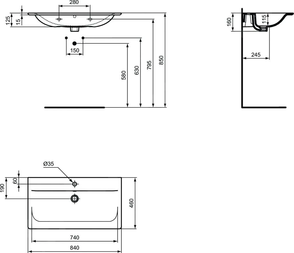 Ideal Standard Connect Air - Meubelwastafel 840x160x460 Mm, Met Overloop, Met Kraangat, Wit E027901 - Afbeelding 2