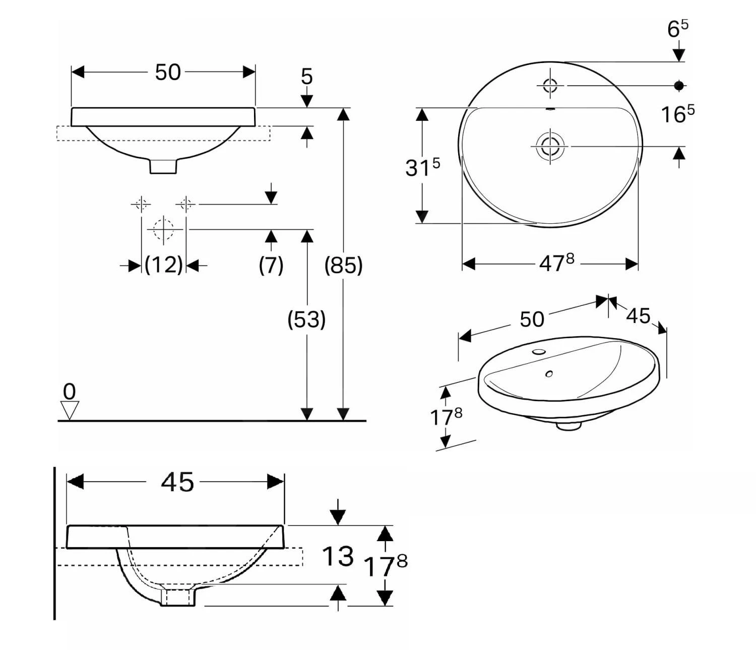 Geberit VariForm - Inbouw Wastafel 500x450 Mm, Met Overloop, Met Kraangat, Wit 500.712.01.2 - Afbeelding 2