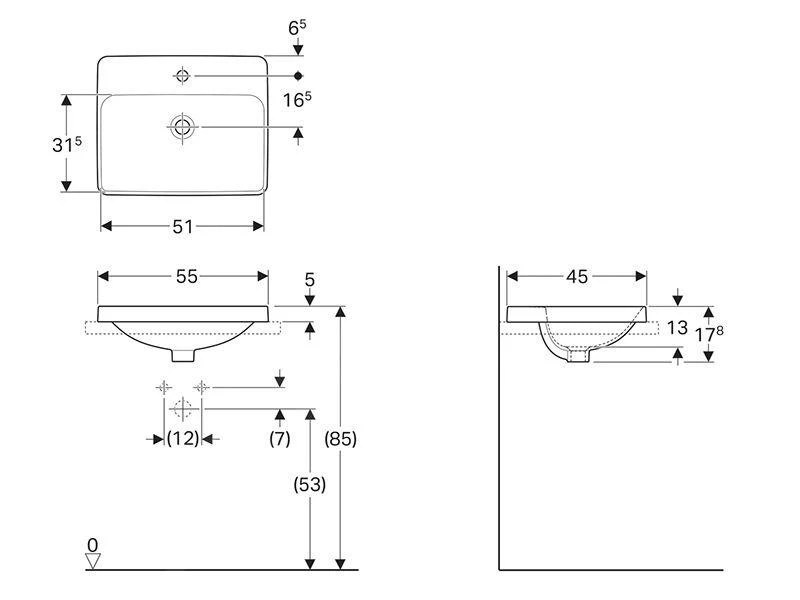 Geberit VariForm - Inbouw Wastafel 550x450 Mm, Met Overloop, Met Kraangat, Wit 500.740.01.2 - Afbeelding 2