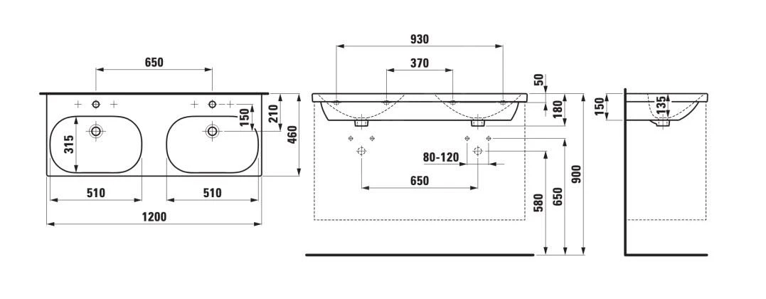 Laufen Lua - Dubbele Meubelwastafel 46x120 Cm, Zonder Overloop, Kraangaten, Wit H8140810001581 - Afbeelding 2