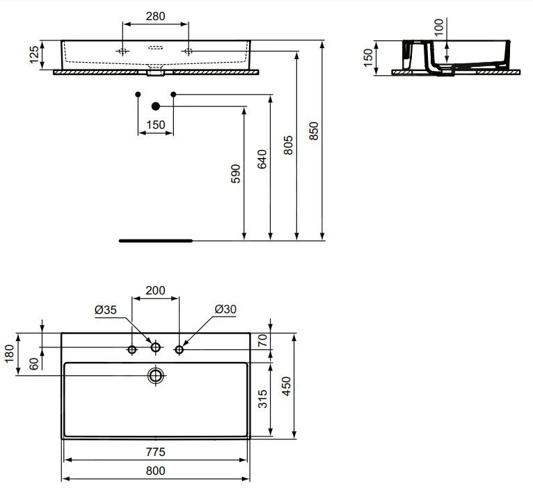 Ideal Standard Extra - Opbouw Wastafel 800x450 Mm, Met Overloop, Met 3 Kraangaten, Wit T390001 - Afbeelding 2