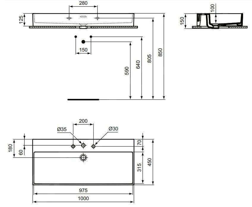 Ideal Standard Extra - Opbouw Wastafel 1000x450 Mm, Met Overloop, Met 3 Kraangaten, Wit T390701 - Afbeelding 2