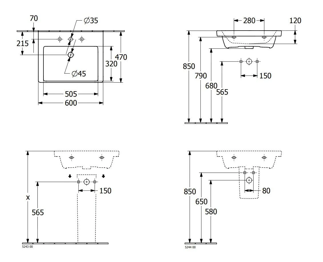 Villeroy & Boch Subway 3.0 - Wastafel 600x470 Mm, Met Overloop, Met Kraangat, Alpine Wit 4A706001 - Afbeelding 2