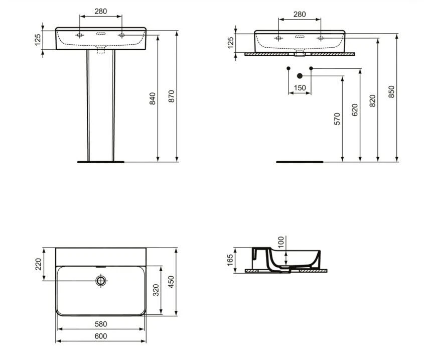 Ideal Standard Conca Ceram - Wastafel 600x450 Mm, Met Overloop, Zonder Kraangat, Wit T378901 - Afbeelding 2