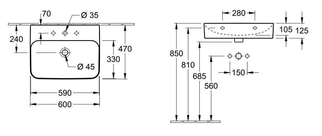 Villeroy & Boch Finion - Wastafel Zonder Overloop, 600x470 Mm, Met Ceramicplus, Alpine Wit 416861R1 - Afbeelding 2