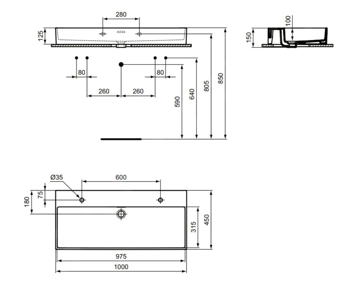 Ideal Standard Extra - Dubbele Wastafel Opbouw 1000x450 Mm, Met Overloop, Met Kraangat, Wit T390601 - Afbeelding 2