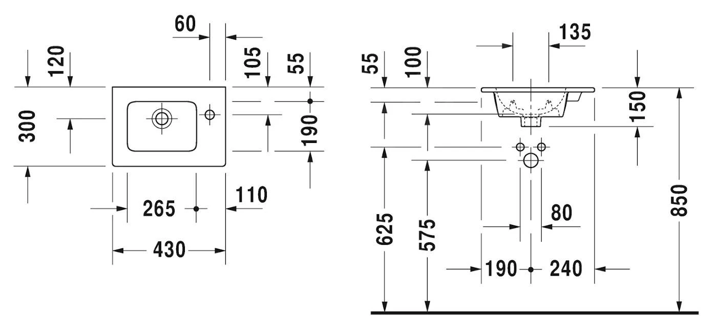 Duravit ME By Starck - Meubelfonteintje 430x300 Mm, Met Kraangat, Met WonderGliss, Mat Wit 07234332411 - Afbeelding 2