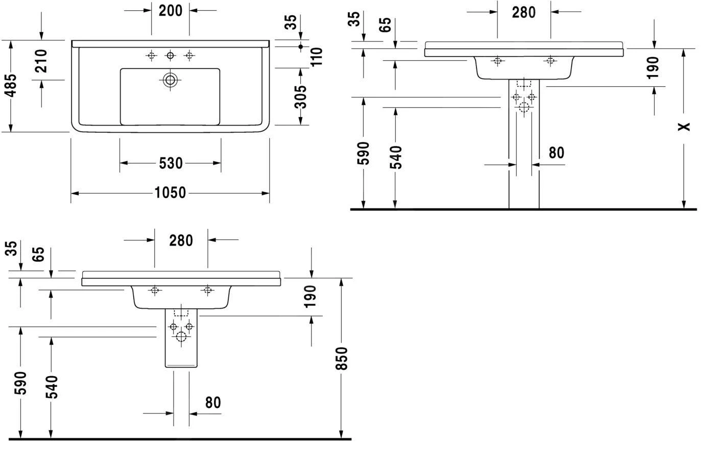 Duravit Starck 3 - Inbouw Wastafel 1050x485 Mm, Met 1 Kraangat, Wit 0304100000 - Afbeelding 2