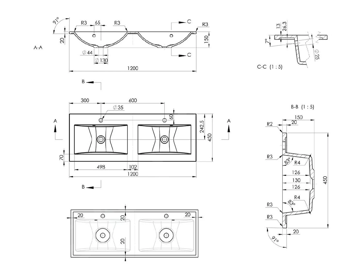 Sapho Yukon - Dubbele Opbouw Wastafel 1200x450 Mm, 2 Kraangaten, Wit YU120 - Afbeelding 2