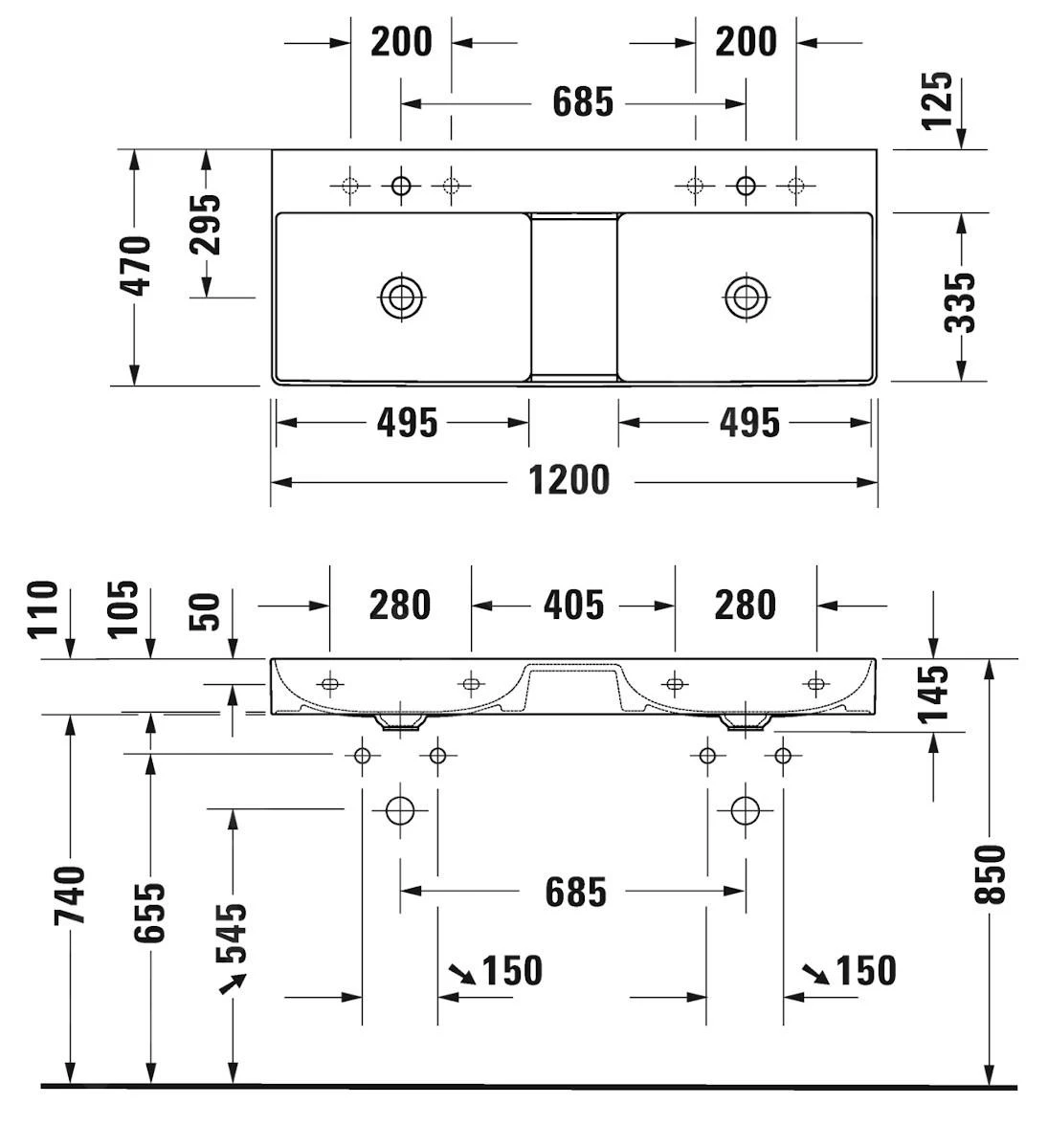 Duravit DuraSquare - Dubbele Wastafel 1200x470 Mm, Zonder Overloop, Zonder Kraangat, DuraCeram, Wit 2353120070 - Afbeelding 2