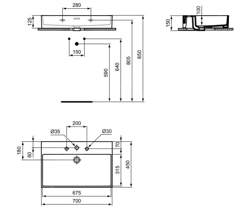 Ideal Standard Extra - Opbouw Wastafel 700x450 Mm, Met Overloop, Met 3 Kraangaten, Wit T389501 - Afbeelding 2